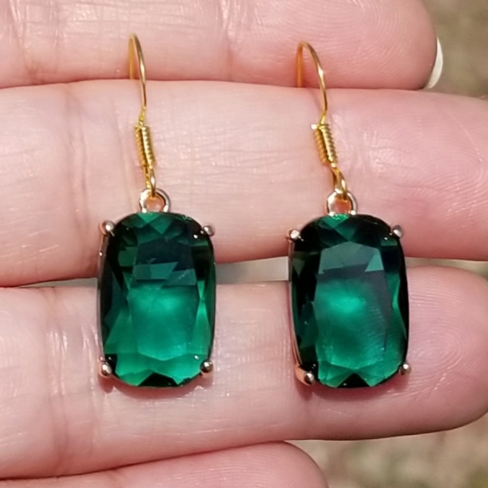 14k Gold Emerald Earrings, Emerald Dangle Earrings, Green Gemstone Earrings